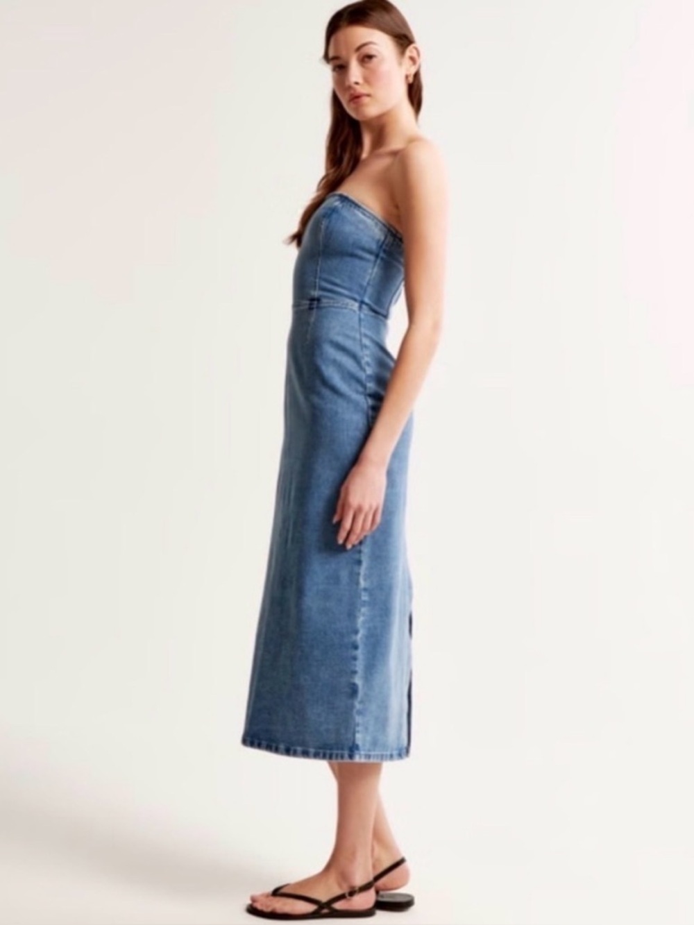 NWT Abercrombie & Fitch Strapless Denim Midi Dress Medium Wash Mila XXS 00 0 - Picture 6 of 16